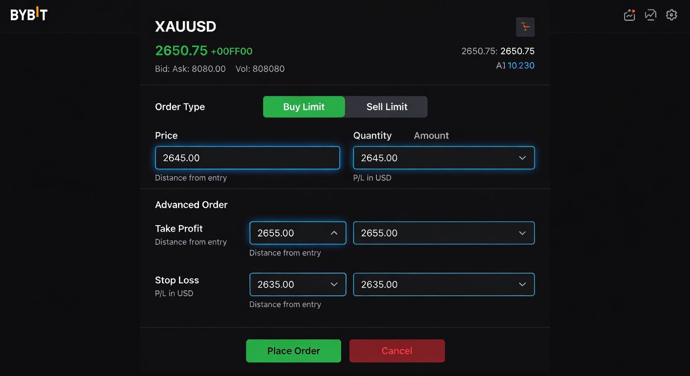Bybit order placement form for XAUUSD showing limit buy with take profit and stop loss