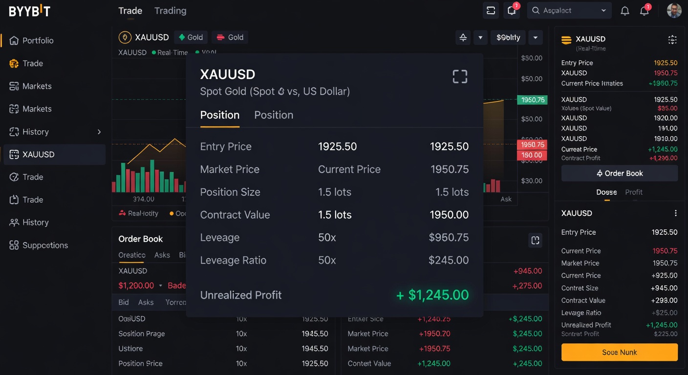 Bybit portfolio showing open XAUUSD gold position in profit