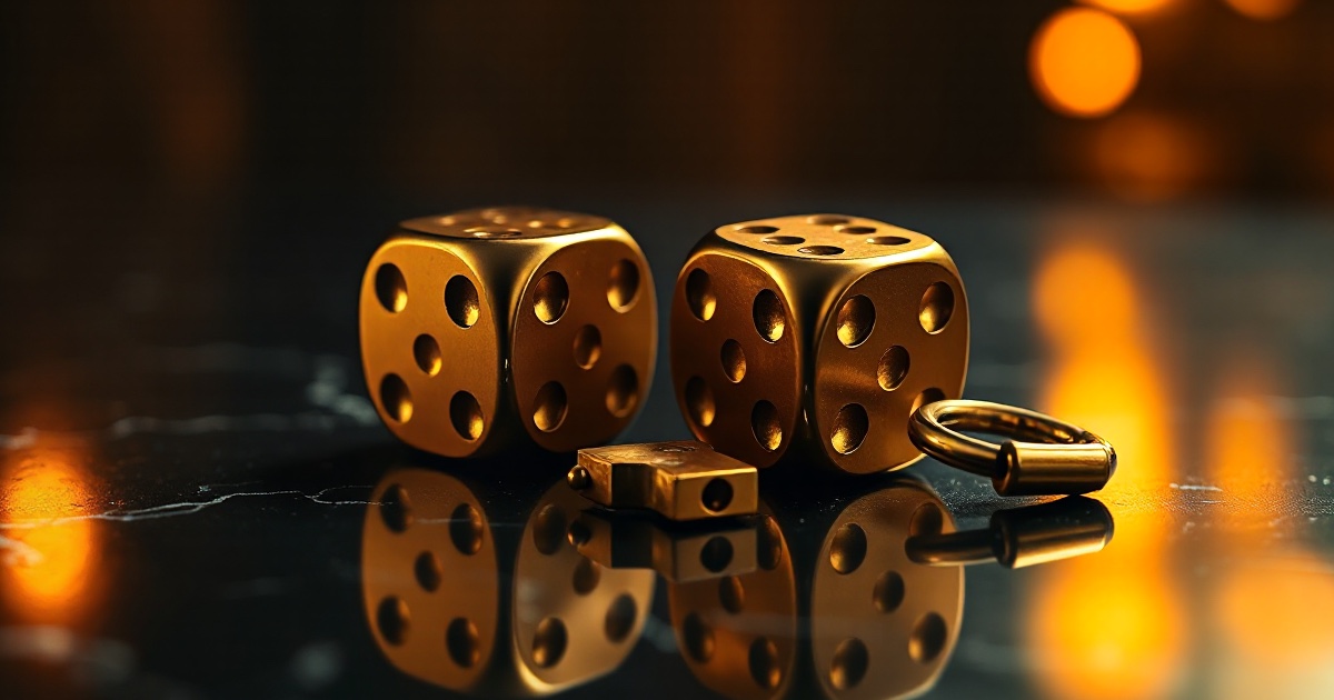 Two polished golden dice showing identical faces beside a broken golden padlock on a dark reflective black marble surface under warm amber rim light with glowing orange bokeh, illustrating the ThriveInMarkets explainer on the Coldcard hardware wallet entropy failure, in which a March 2021 build configuration error routed wallet seed generation through MicroPython's non-cryptographic Yasmarang fallback generator instead of the device's hardware random number generator, cutting effective entropy to roughly 40 bits on Mk2 and Mk3 devices and about 72 bits on Mk4, Mk5 and Q devices against the 128 bits a 12-word BIP-39 seed should carry, allowing an attacker to reconstruct private keys offline and drain 1,082.65 bitcoin from 1,196 addresses in 41 minutes on July 30 2026 before later waves lifted the total to about 1,367 bitcoin across 4,585 addresses worth roughly 89 million dollars