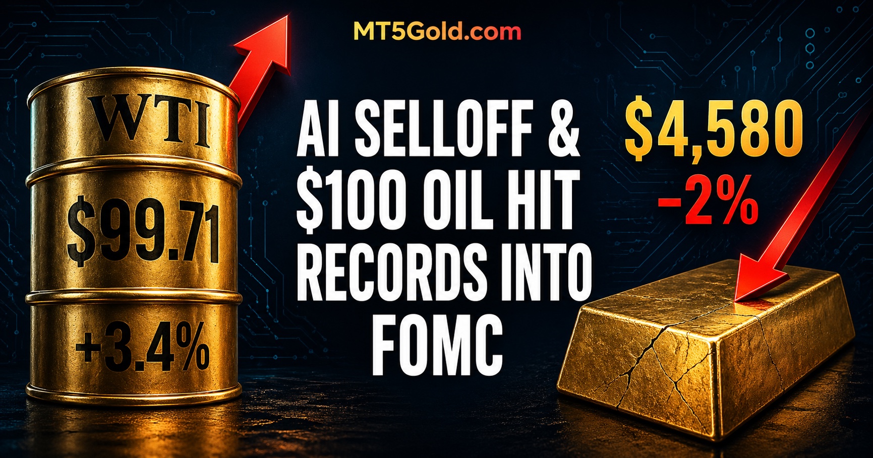 ThriveInMarkets daily analysis hero — gold-textured WTI oil barrel up 3.4 percent at $99.71 on the left, fractured gold ingot down 2 percent at $4,580 on the right, headline AI Selloff and $100 Oil Hit Records Into FOMC across center on dark navy circuit-board background, April 28 2026