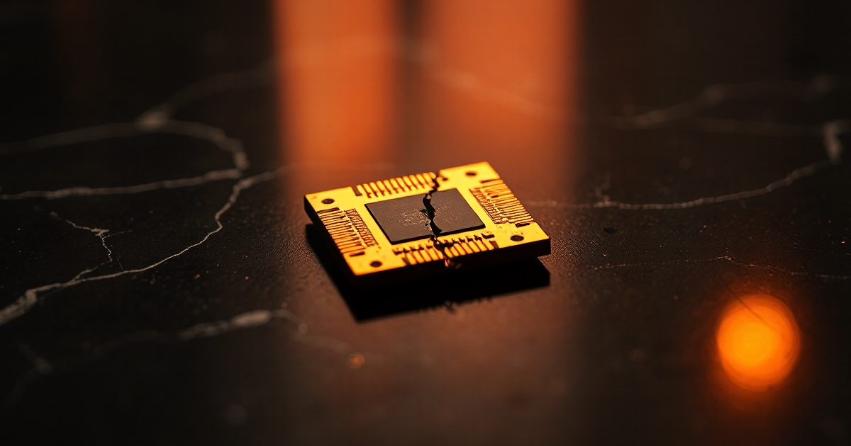A single golden computer microprocessor chip with a sharp fracture splitting it rests on a dark reflective marble surface under dramatic amber and red rim light, illustrating the June 26 2026 ThriveInMarkets morning analysis as a global selloff in artificial intelligence and semiconductor stocks deepened overnight, sending South Korea's KOSPI down more than 8 percent and triggering a 20-minute circuit breaker for the second time this week, Japan's Nikkei 225 lower by over 4 percent and Hong Kong's Hang Seng and China's Shanghai Composite each off about 1.6 percent, while S&P 500 futures fell roughly 0.7 percent toward 7,305 and Nasdaq-100 futures dropped about 1.3 percent after the cash Nasdaq Composite lost 0.46 percent to 25,358.60 for a fourth straight decline and the S&P 500 finished essentially flat at 7,357.49 on June 25, with Apple down about 6 percent on Mac and iPad price hikes and reports of a possible delay to OpenAI's public listing rattling sentiment, as Bitcoin held roughly flat near 60,422 dollars after dipping to a multi-year low around 58,000 midweek, Ethereum steadied near 1,580 dollars, spot gold held just above 4,000 dollars near 4,028 and WTI crude stayed below 70 dollars at about 69.76